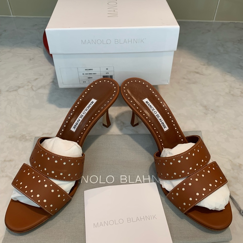 Manolo Blahnik Jacobro leather slides.